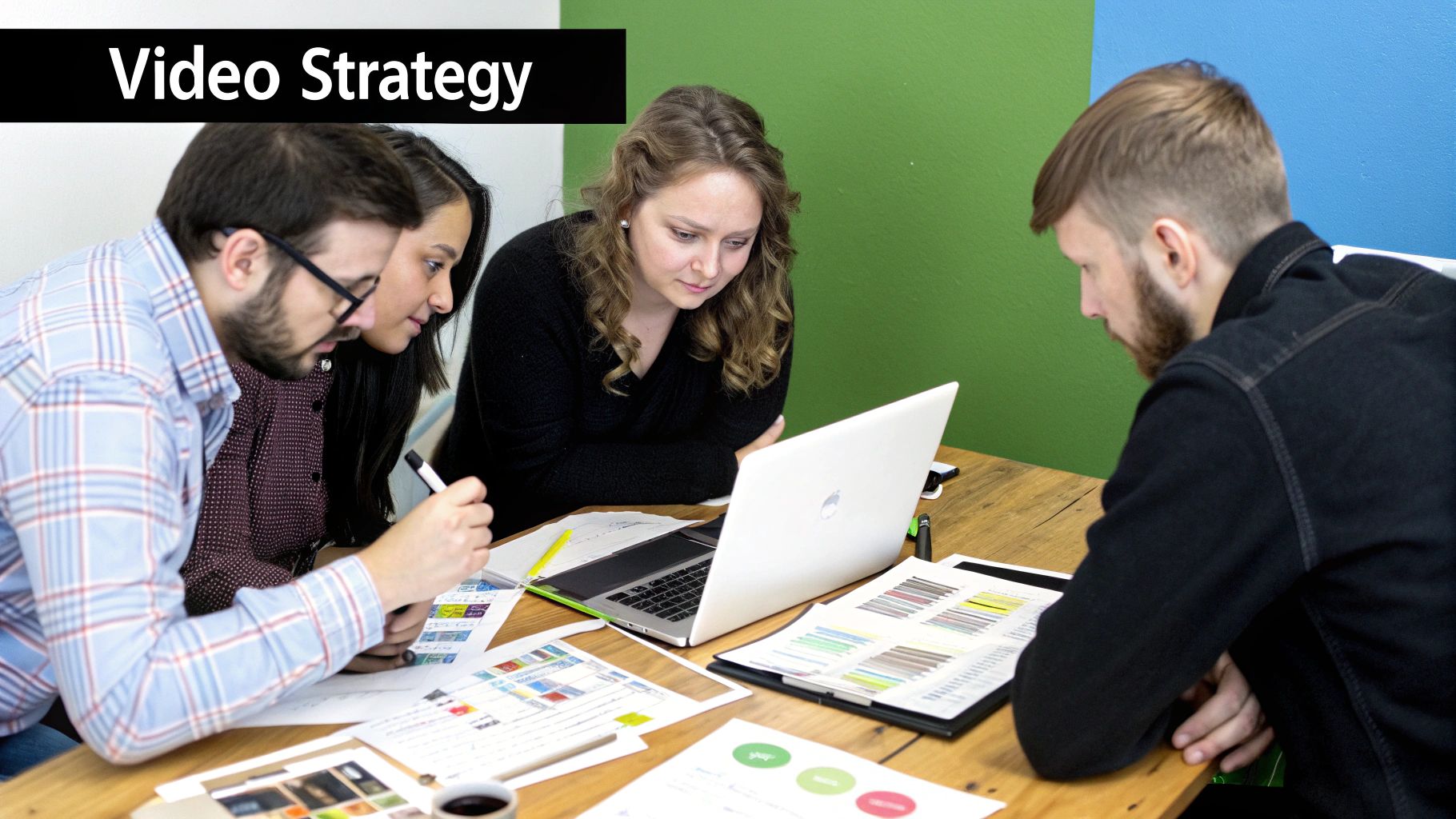 A person storyboarding a video script on a whiteboard, surrounded by sticky notes and sketches.