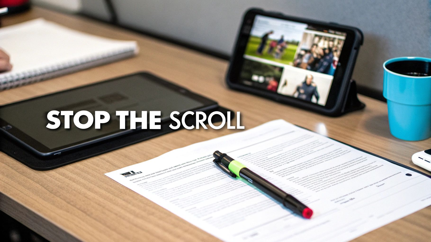 A desk with tablets displaying video content, a document, and a pen, emphasizing 'Stop the Scroll'.