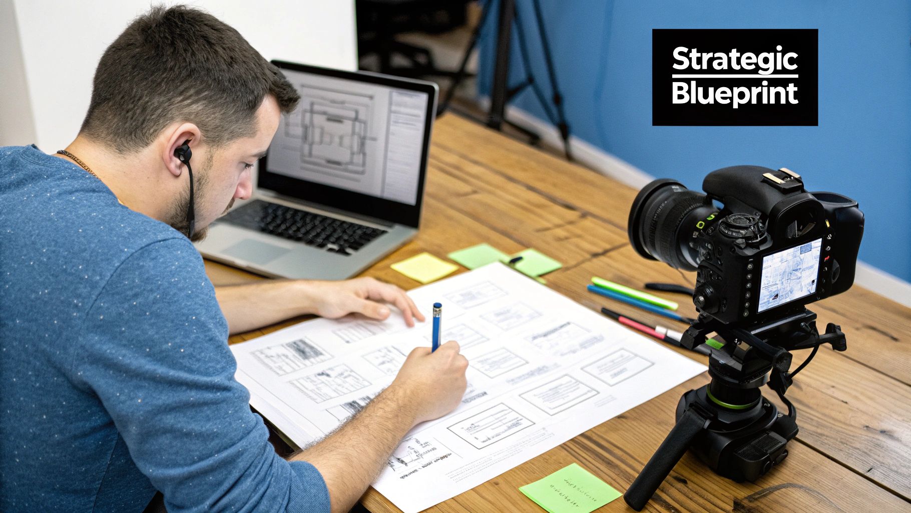 A person storyboarding a video project on a whiteboard with sticky notes.