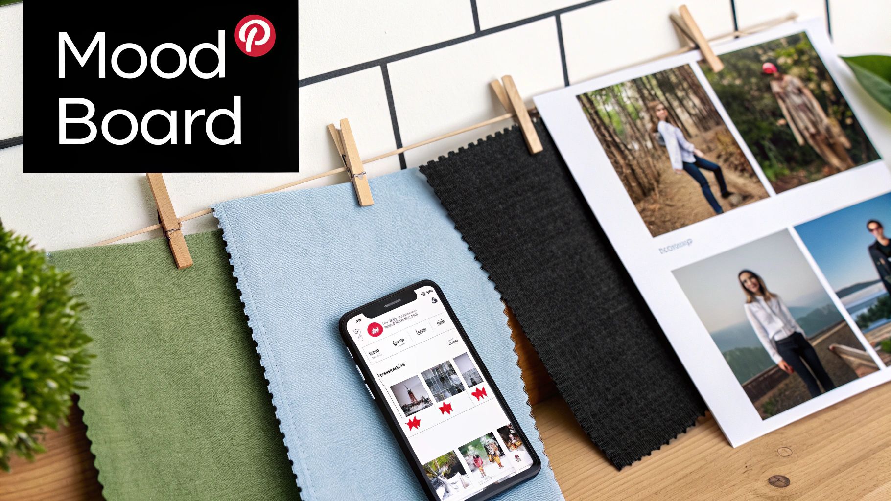 Pinterest mood board with fabric swatches, polaroid photos, and smartphone displaying Pinterest app interface