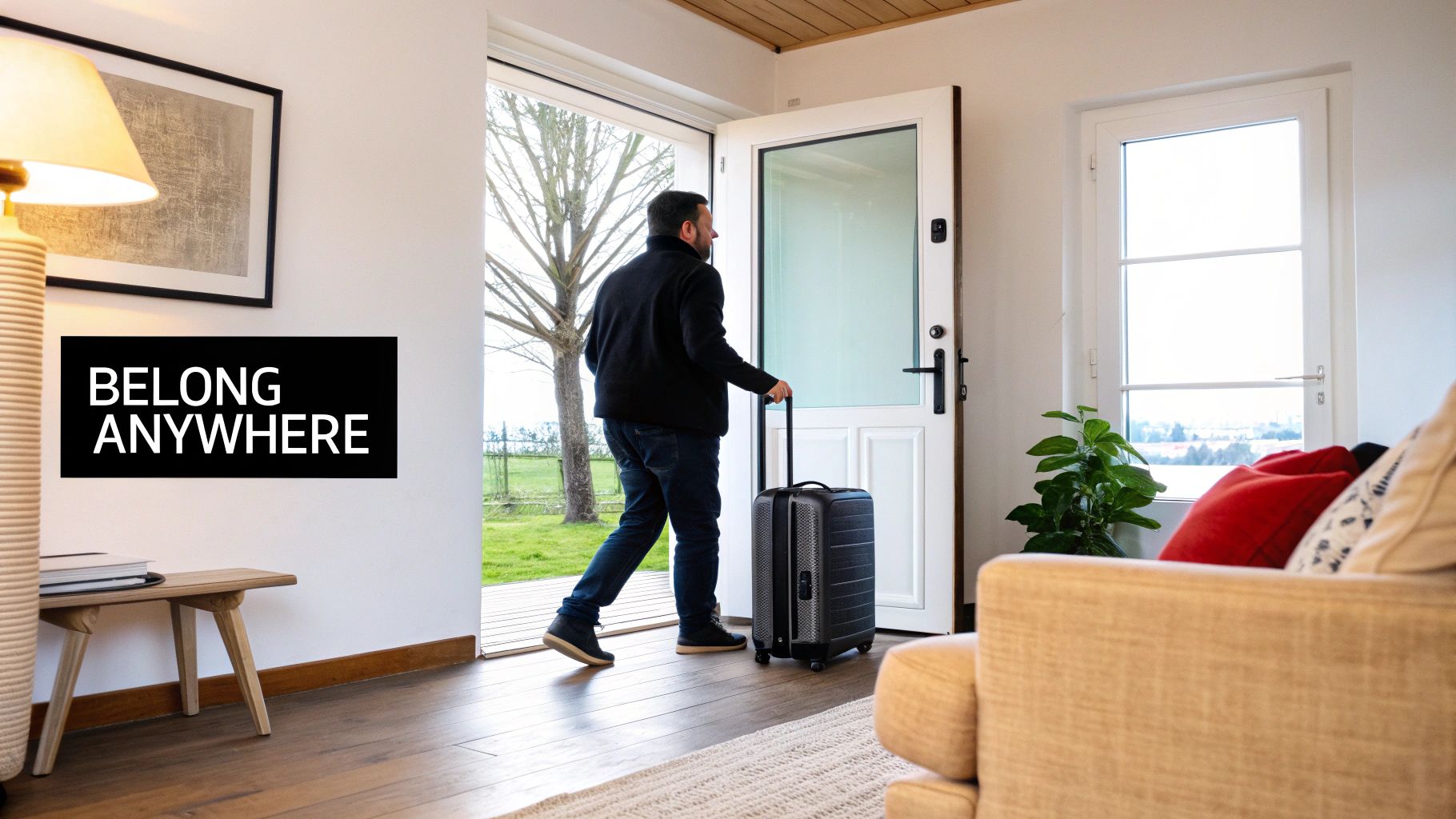 A man pulls a suitcase, walking out an open door with a 'BELONG ANYWHERE' sign on the wall.
