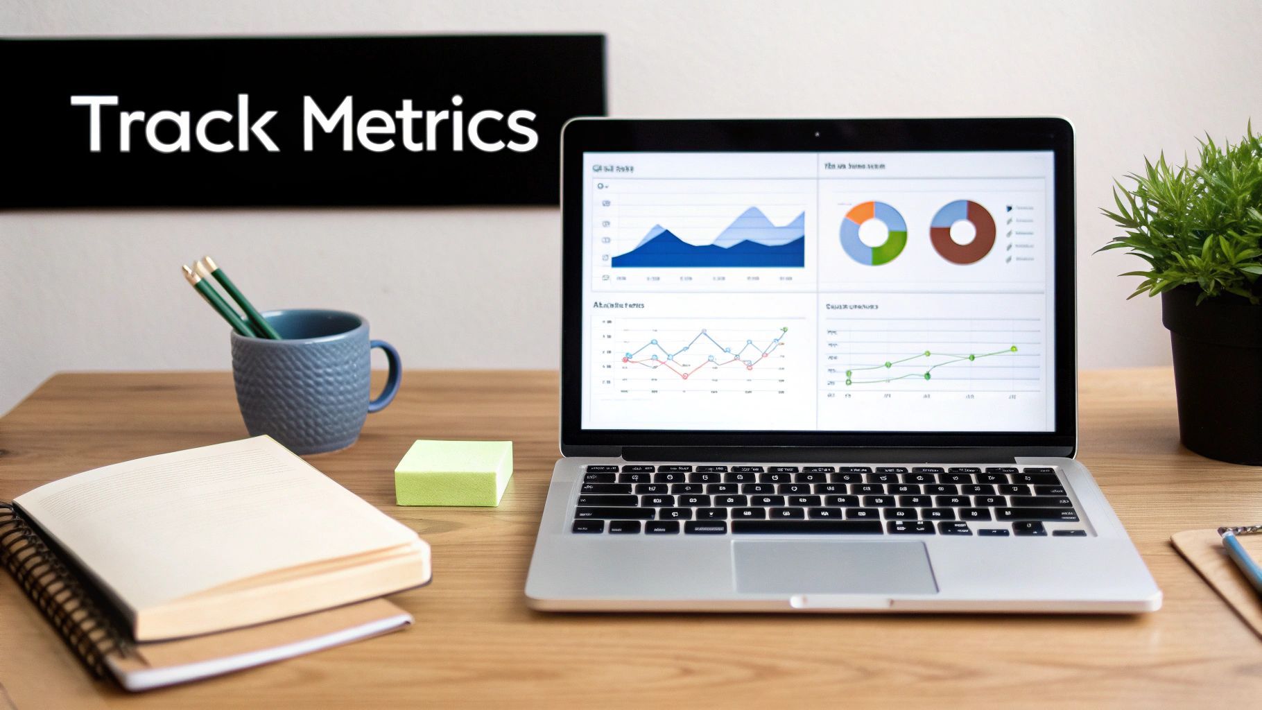 Laptop on a wooden desk displays graphs and charts, with a 'Track Metrics' sign.