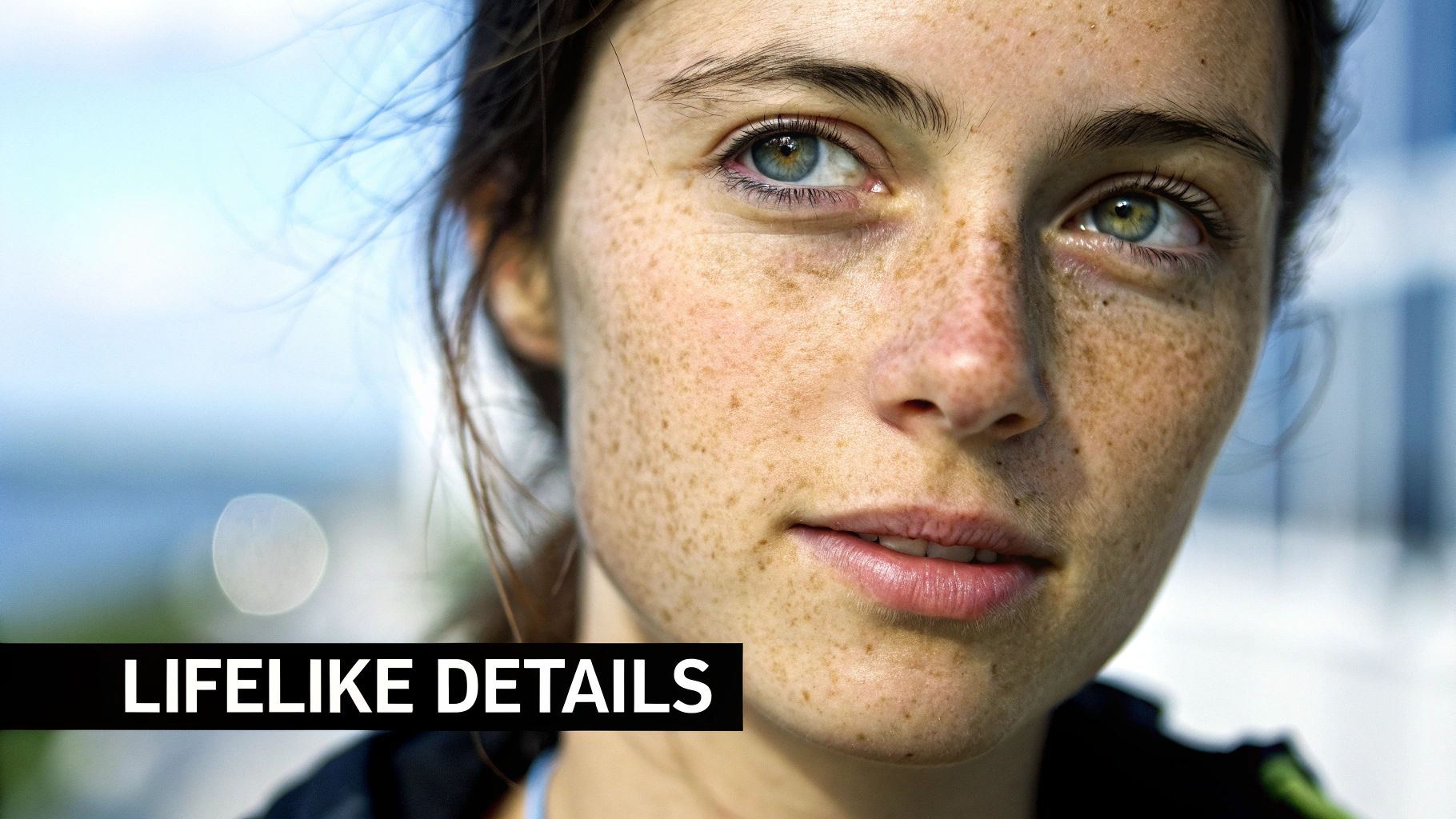 A close-up of a hyper-realistic digital avatar's face, showing detailed skin texture and eyes