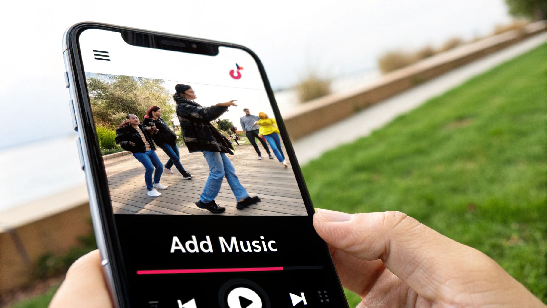 A creator editing a TikTok slideshow on a smartphone, adding text and music.