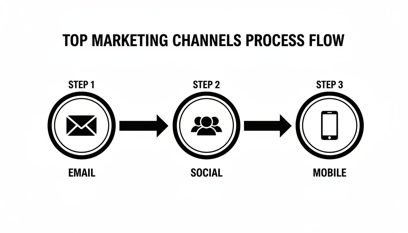 A process flow diagram illustrating top marketing channels: Email, Social, and Mobile marketing steps.