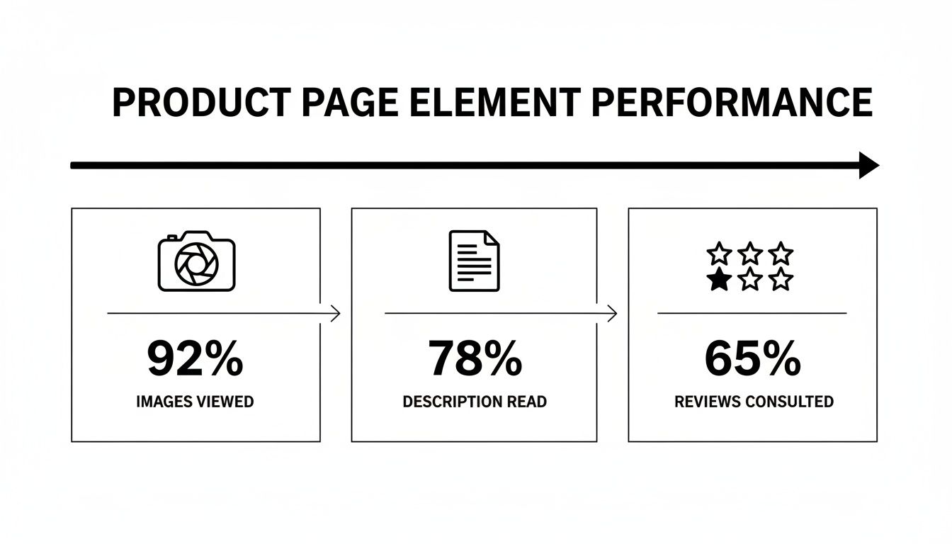 Infographic showing product page element performance: 92% images viewed, 78% description read, 65% reviews consulted.