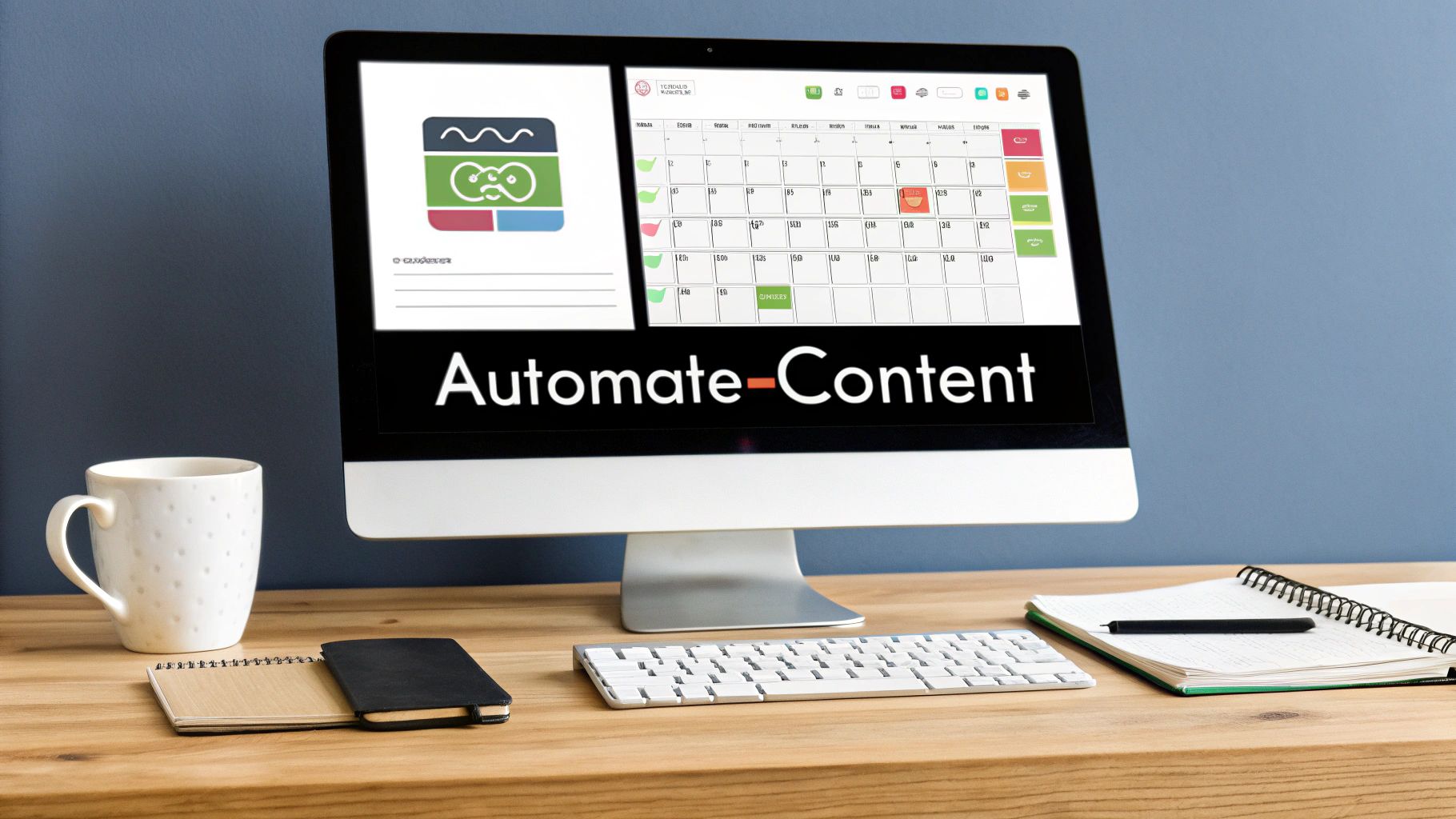 A desktop computer displays content automation software with a calendar view, next to a mug and notebooks.