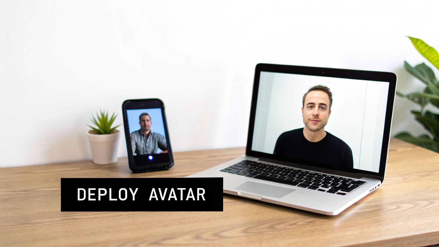 A realistic avatar being used in a virtual meeting on a laptop screen