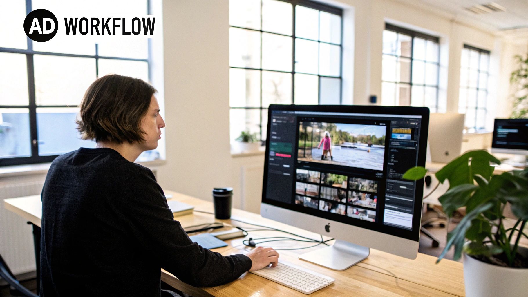 A person thoughtfully looking at a screen displaying an AI-generated commercial, symbolizing the questions and considerations around this new technology.