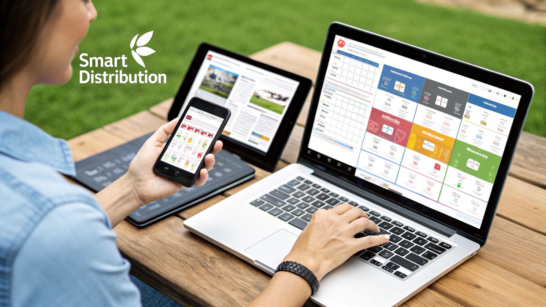 A person on a laptop managing social media channels with video content displayed on the screen.