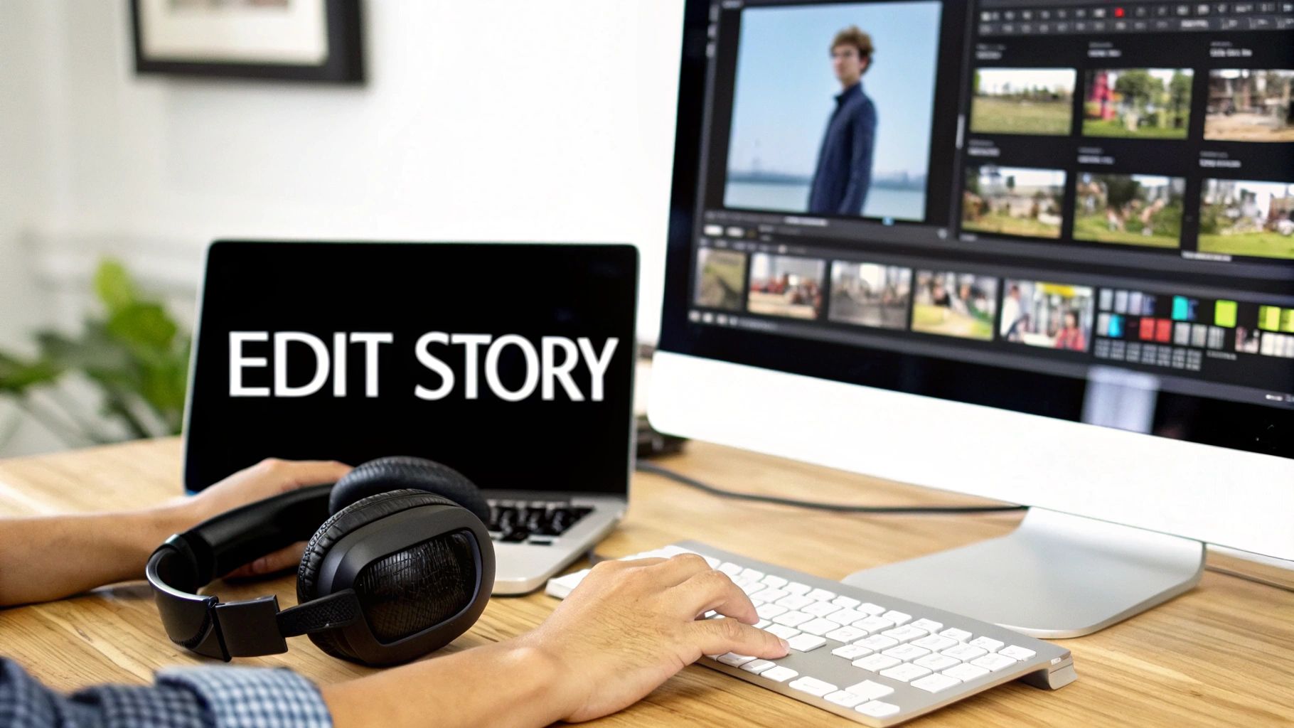 A person editing a video on a computer in a modern workspace.