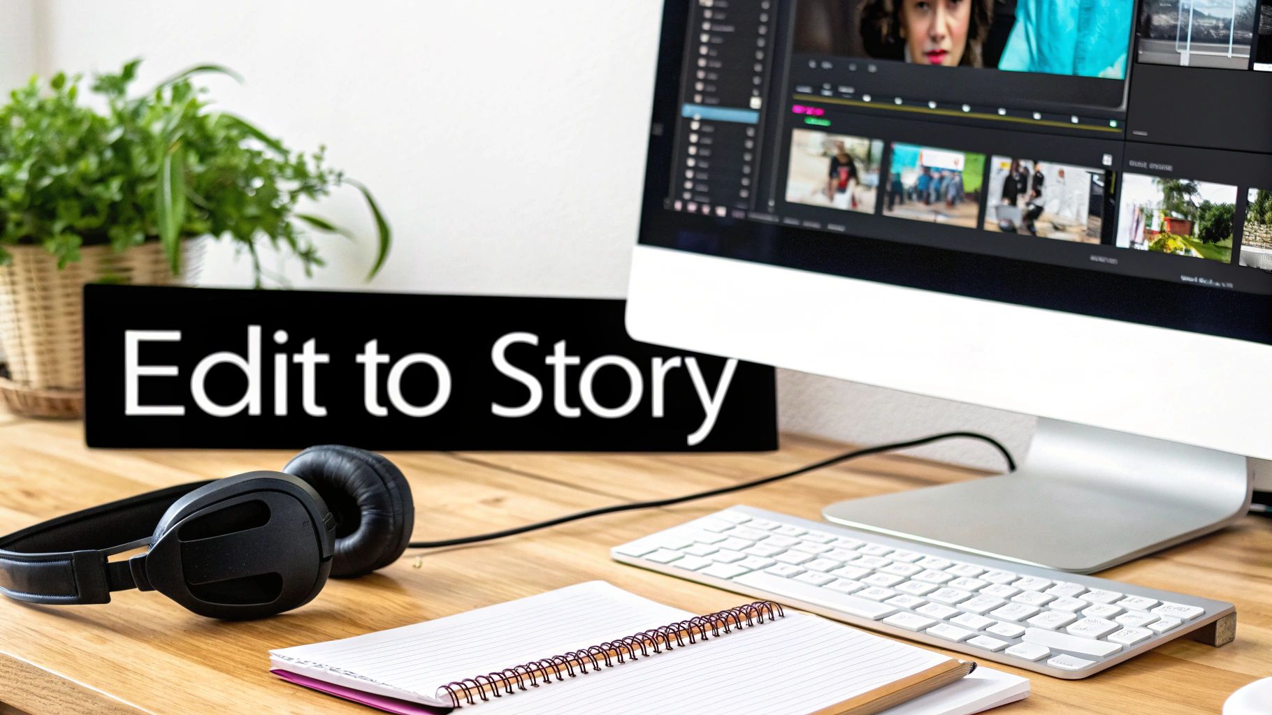 A person editing video on a computer in a modern workspace.