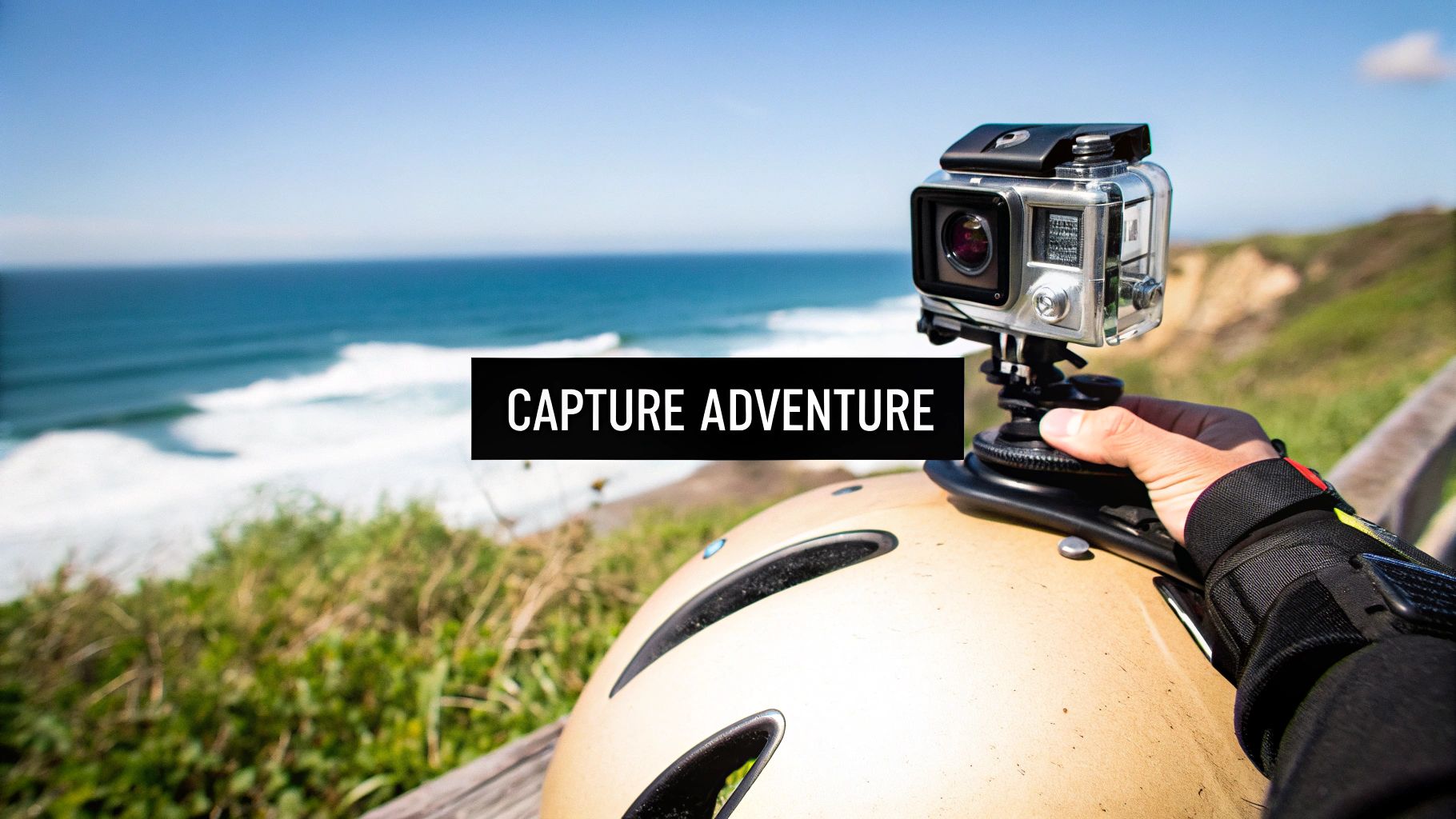A hand holds a GoPro camera mounted on a helmet, overlooking a sunny ocean with crashing waves.