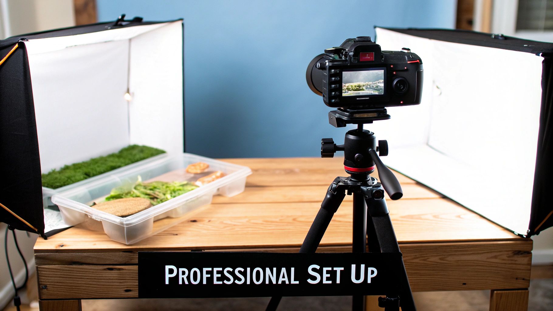 A professional product video setup showing a camera, lights, and a product on a clean background.