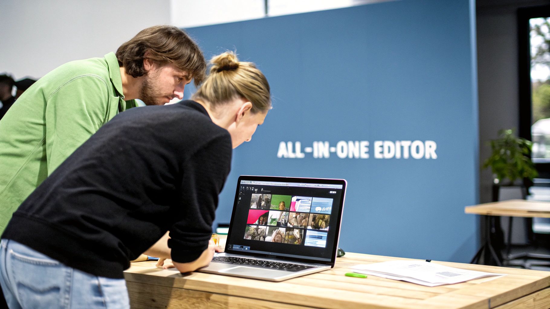 Two people collaborating on a laptop showing an 'ALL-IN-ONE EDITOR' interface with various video clips.