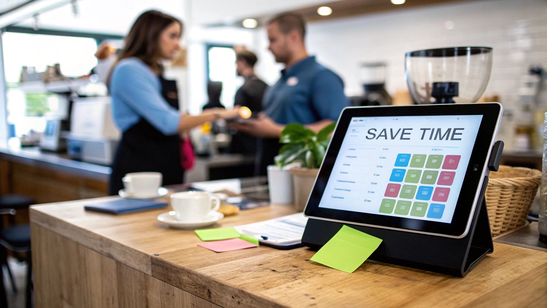 A tablet with a 'SAVE TIME' interface on a cafe counter, with baristas in the background.