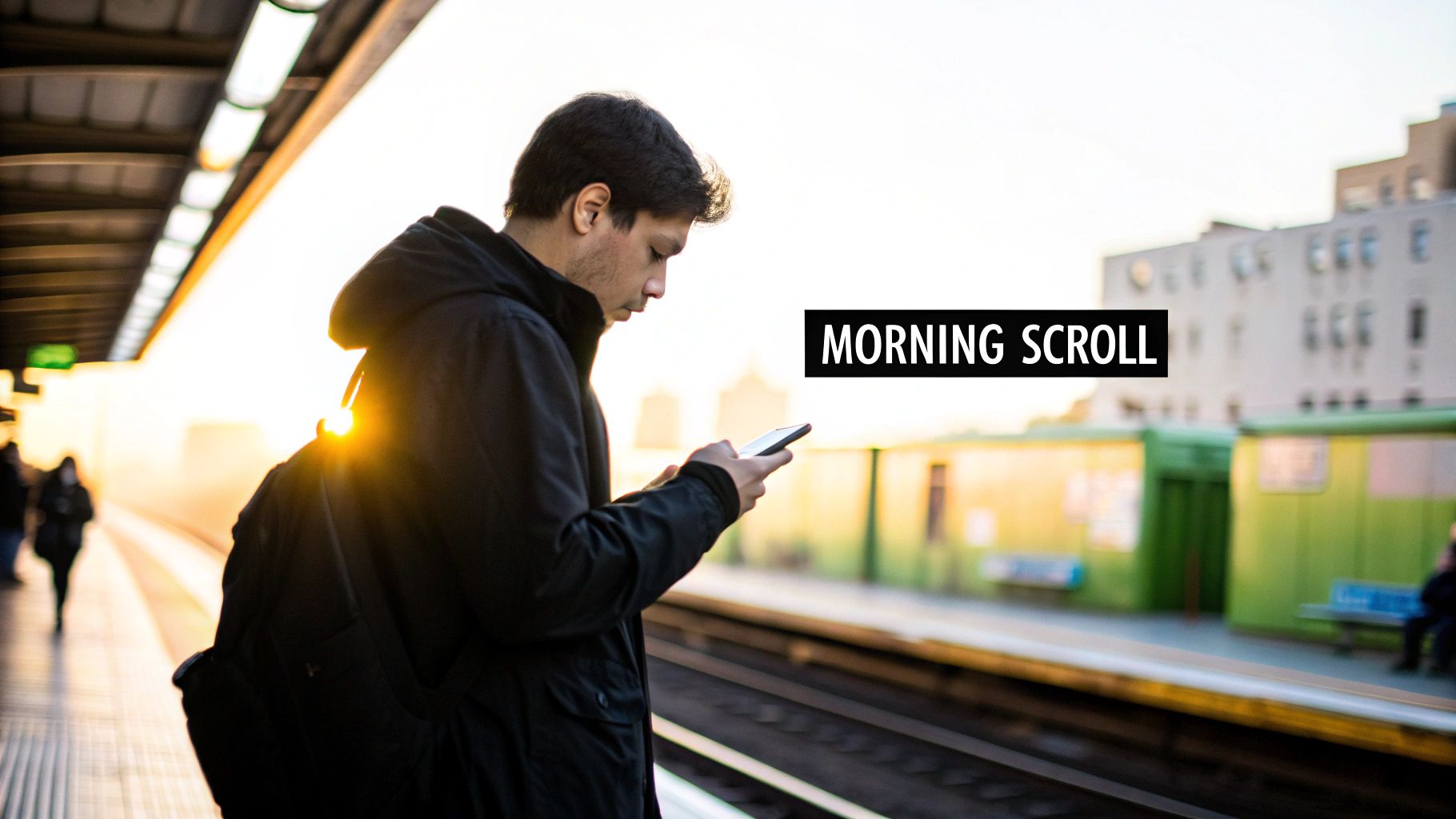 A young man on a subway platform checking his phone during a sunny morning scroll.