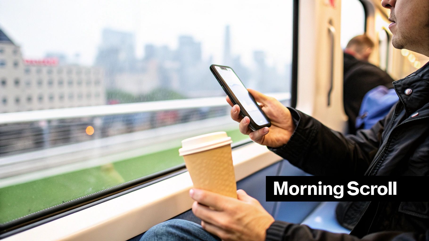 A person on a train scrolling on their phone while holding a coffee cup, city visible outside.