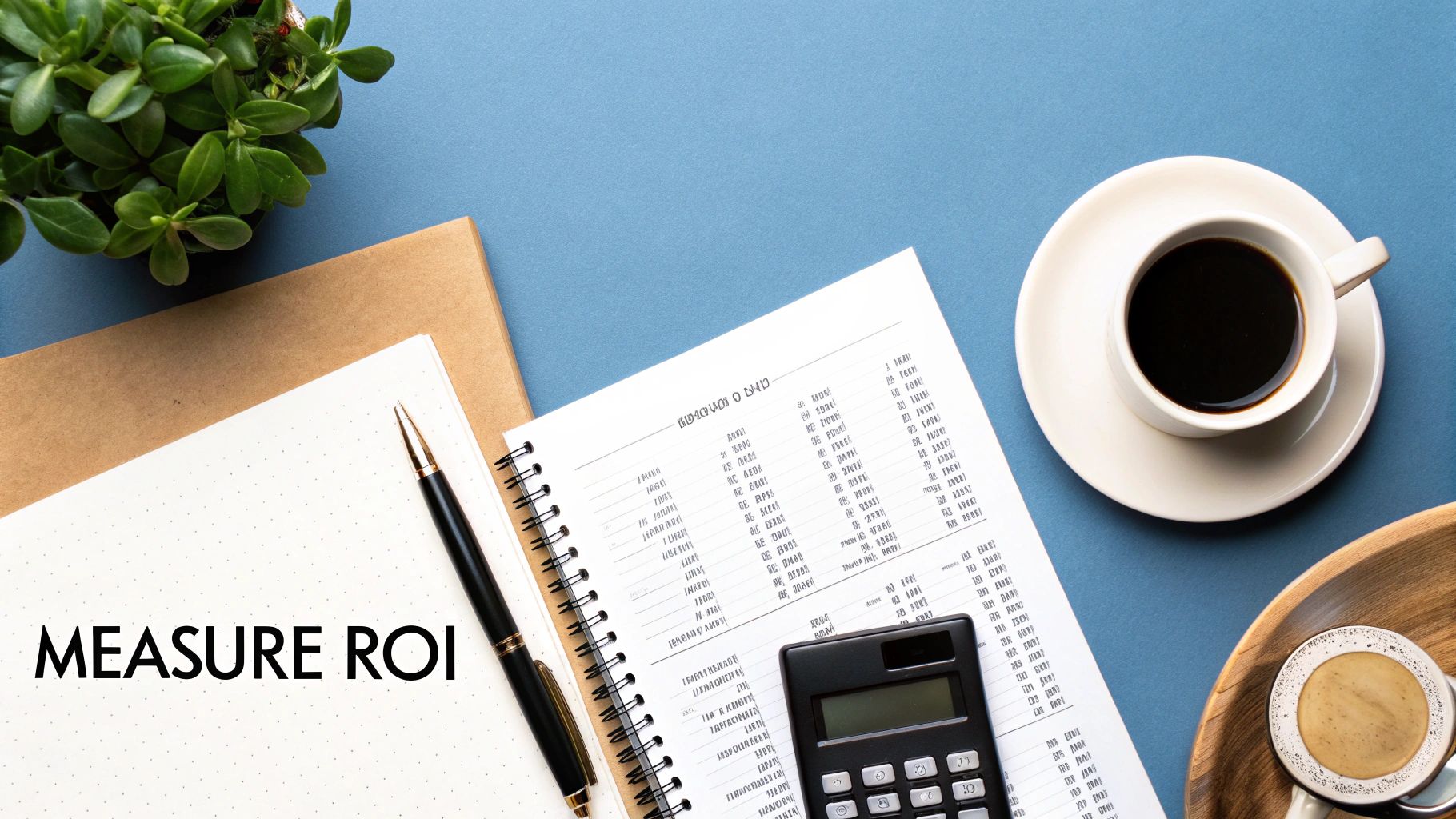 A flat lay desk with a notebook, pen, calculator, coffee, and plant, featuring 'MEASURE ROI'.
