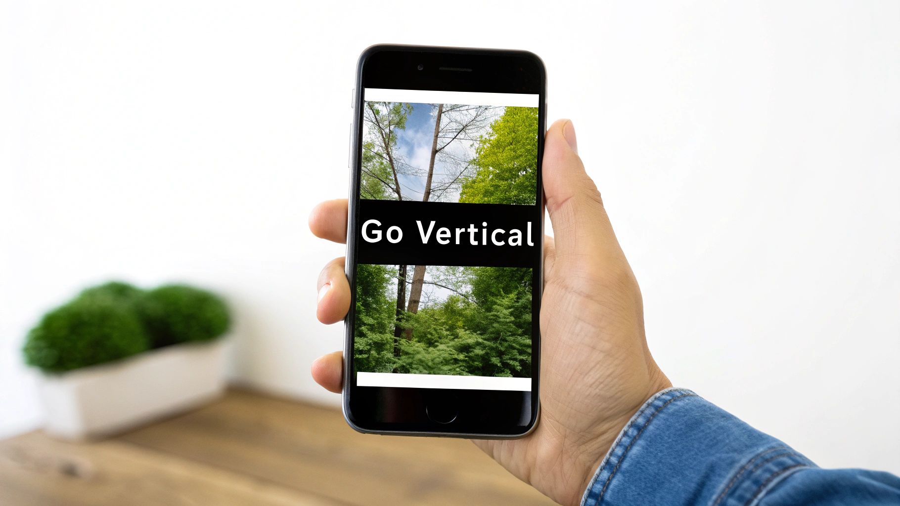 A hand holds a vertical smartphone displaying trees and the text 'Go Vertical' on its screen.