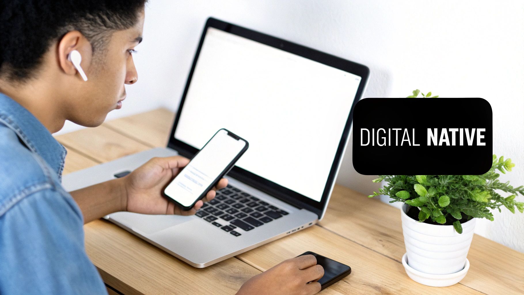 Young man wearing an earbud, holding a smartphone, with a laptop and 'DIGITAL NATIVE' text.