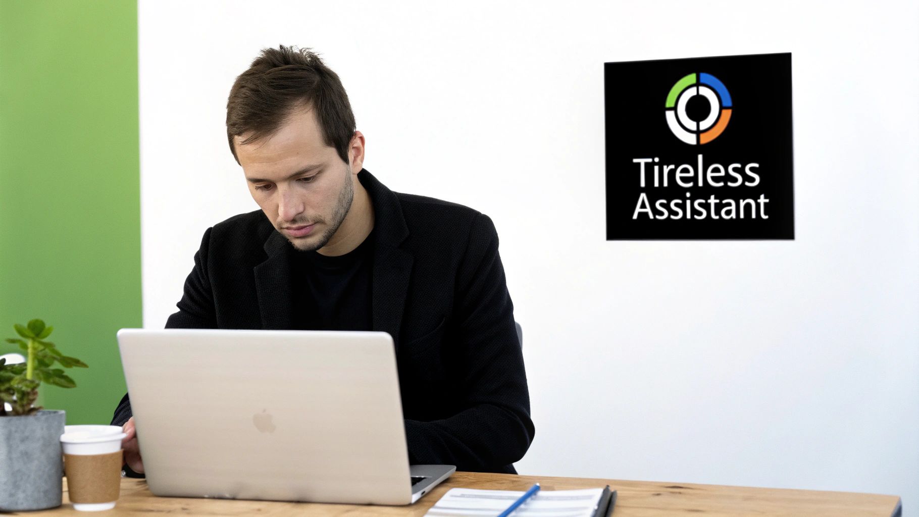 A man works on his laptop at a desk with coffee and a 'Tireless Assistant' sign.