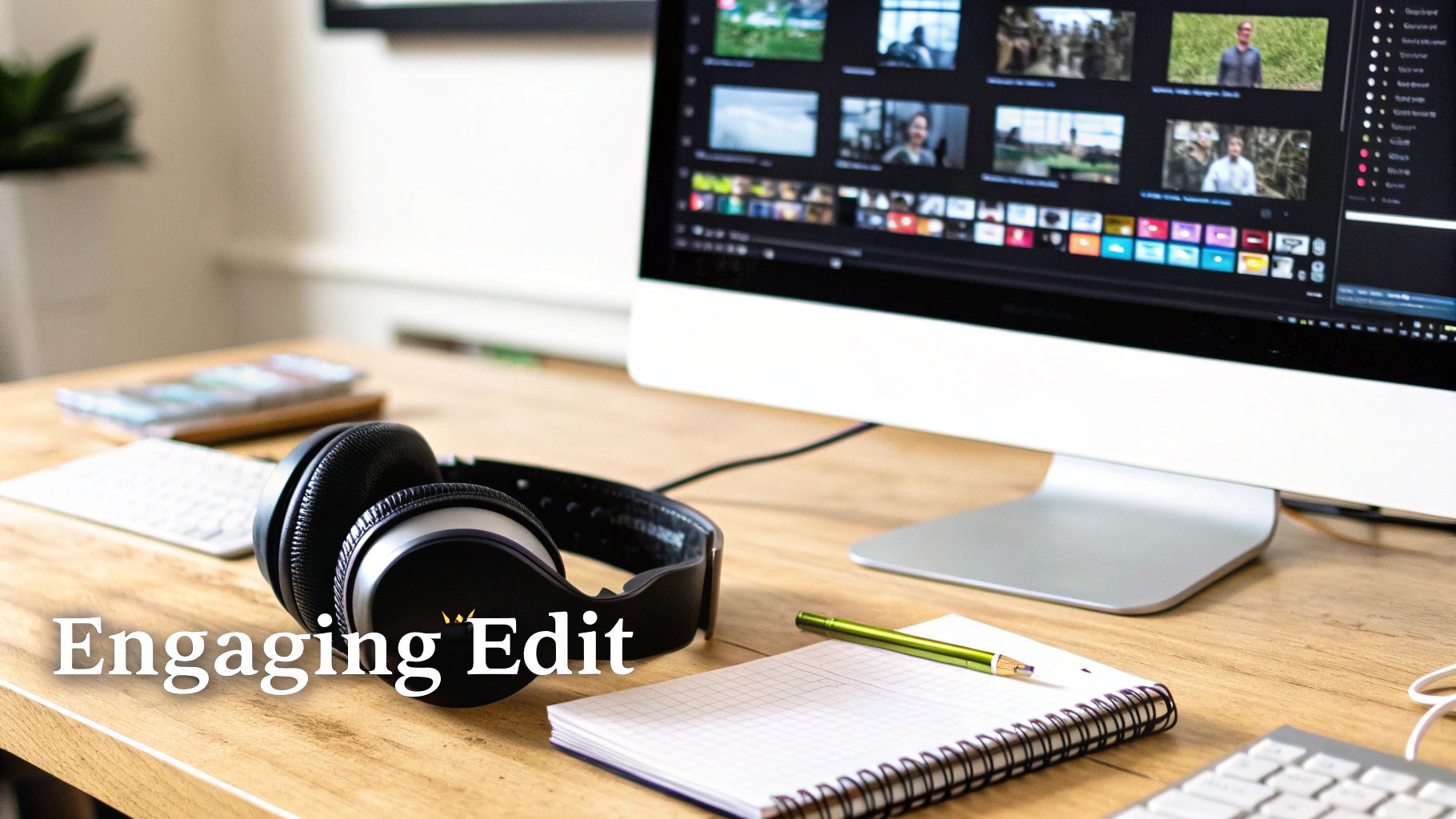 An individual editing a marketing video on a computer in a modern workspace.