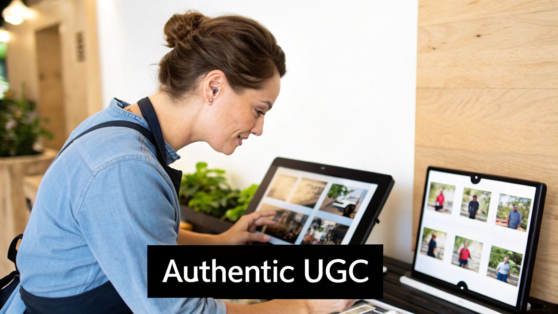 A small business owner smiling while looking at a tablet displaying a vibrant grid of customer photos and positive reviews.