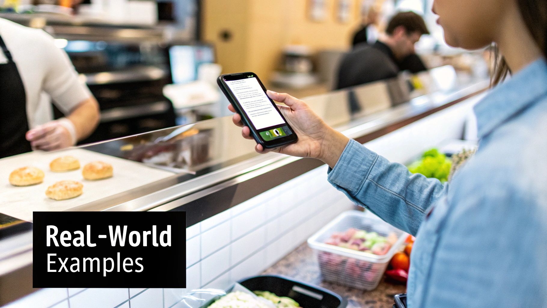 A bustling retail scene with shoppers seamlessly using their phones to scan products, pick up online orders, and interact with digital displays, showcasing a successful omnichannel marketing strategy in action.