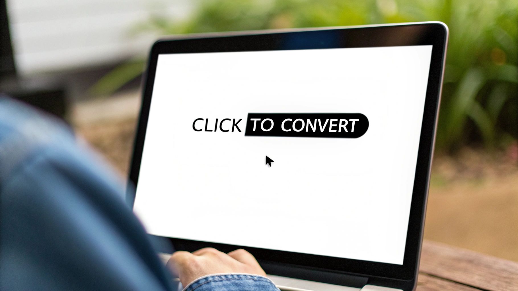 A person works on a laptop outdoors, showing 'CLICK TO CONVERT' text on the screen.