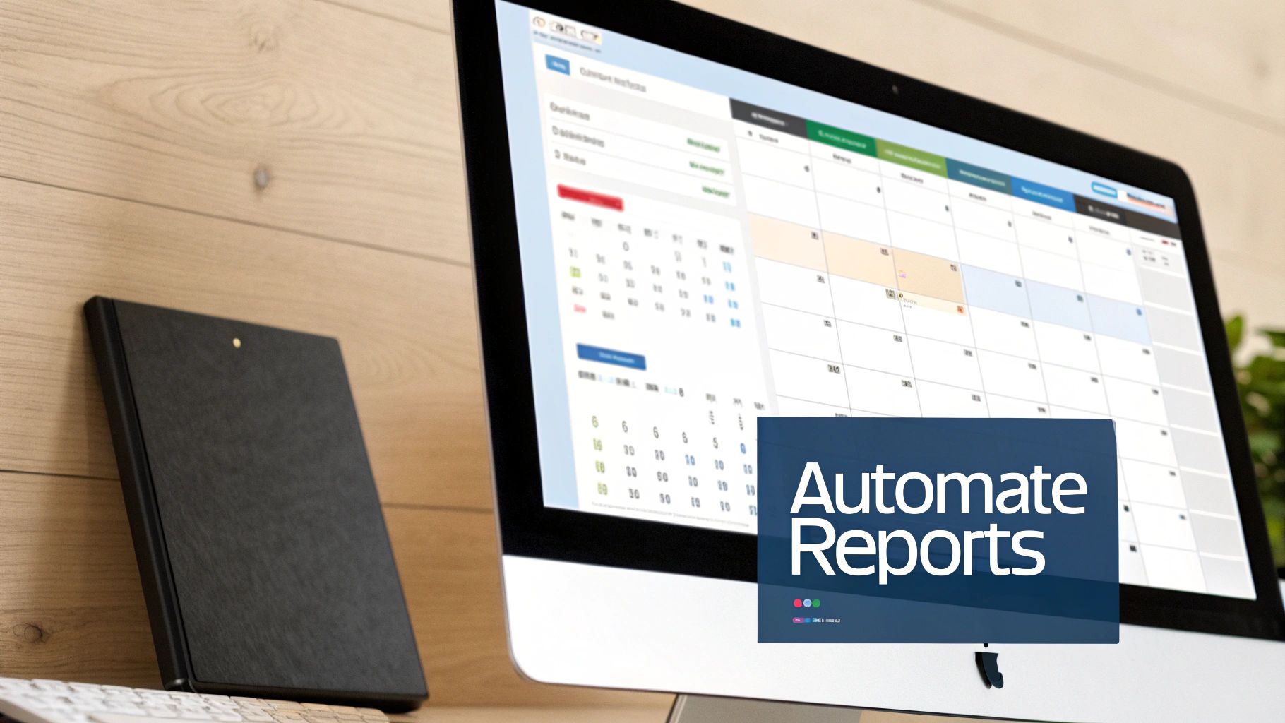 A desktop computer displays a calendar interface with an 'Automate Reports' overlay, beside a black folder.