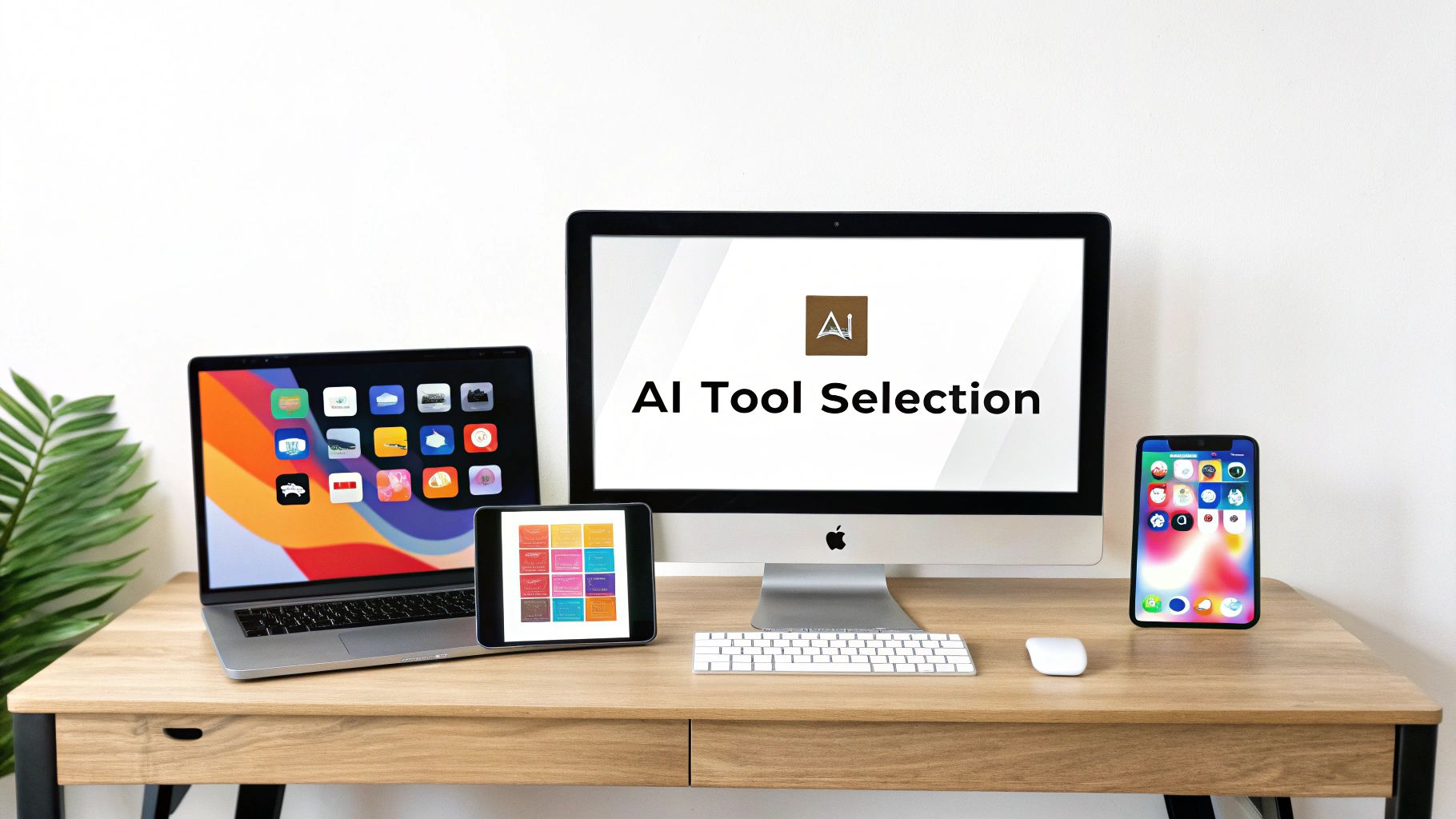 A decision-making chart showing icons for budget, team size, and goals, surrounded by various AI software logos.