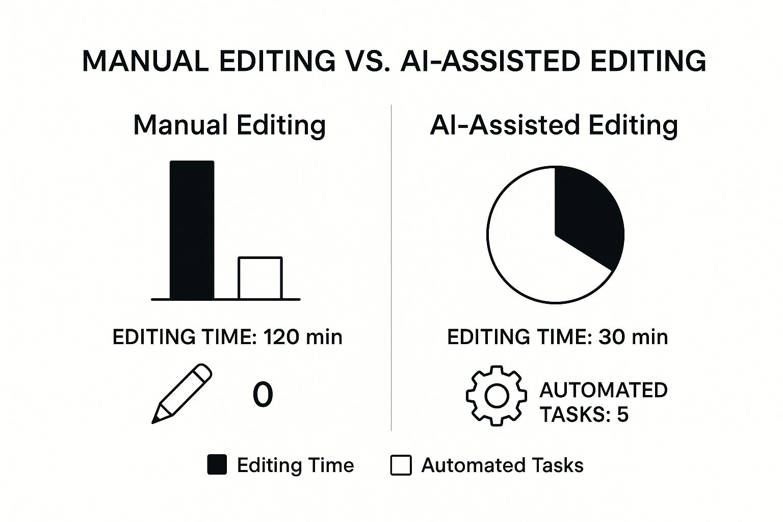 Infographic comparing Manual Editing time (120 min) vs AI-Assisted Editing time (30 min).