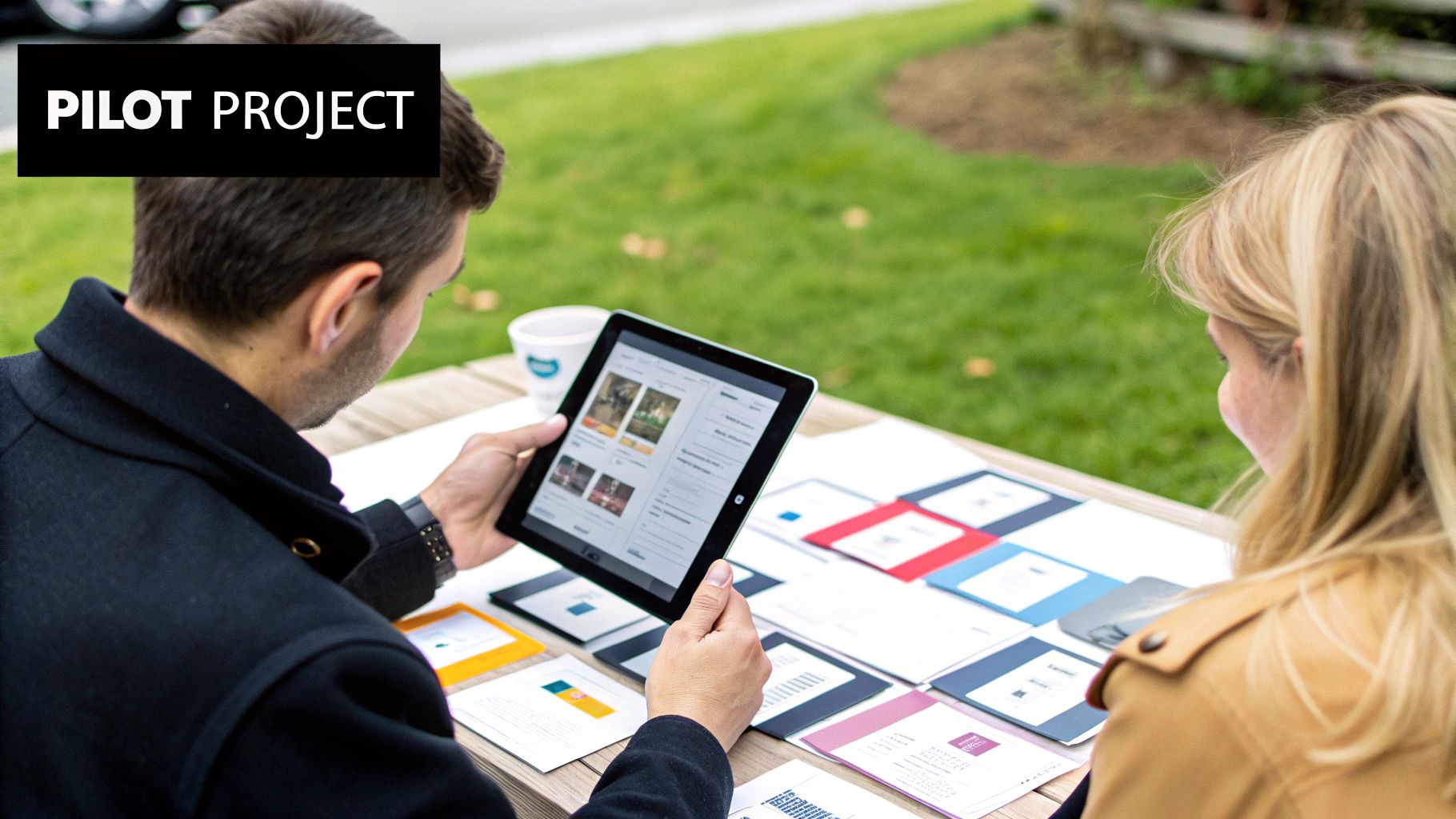 Man in glasses working at a computer with data overlays