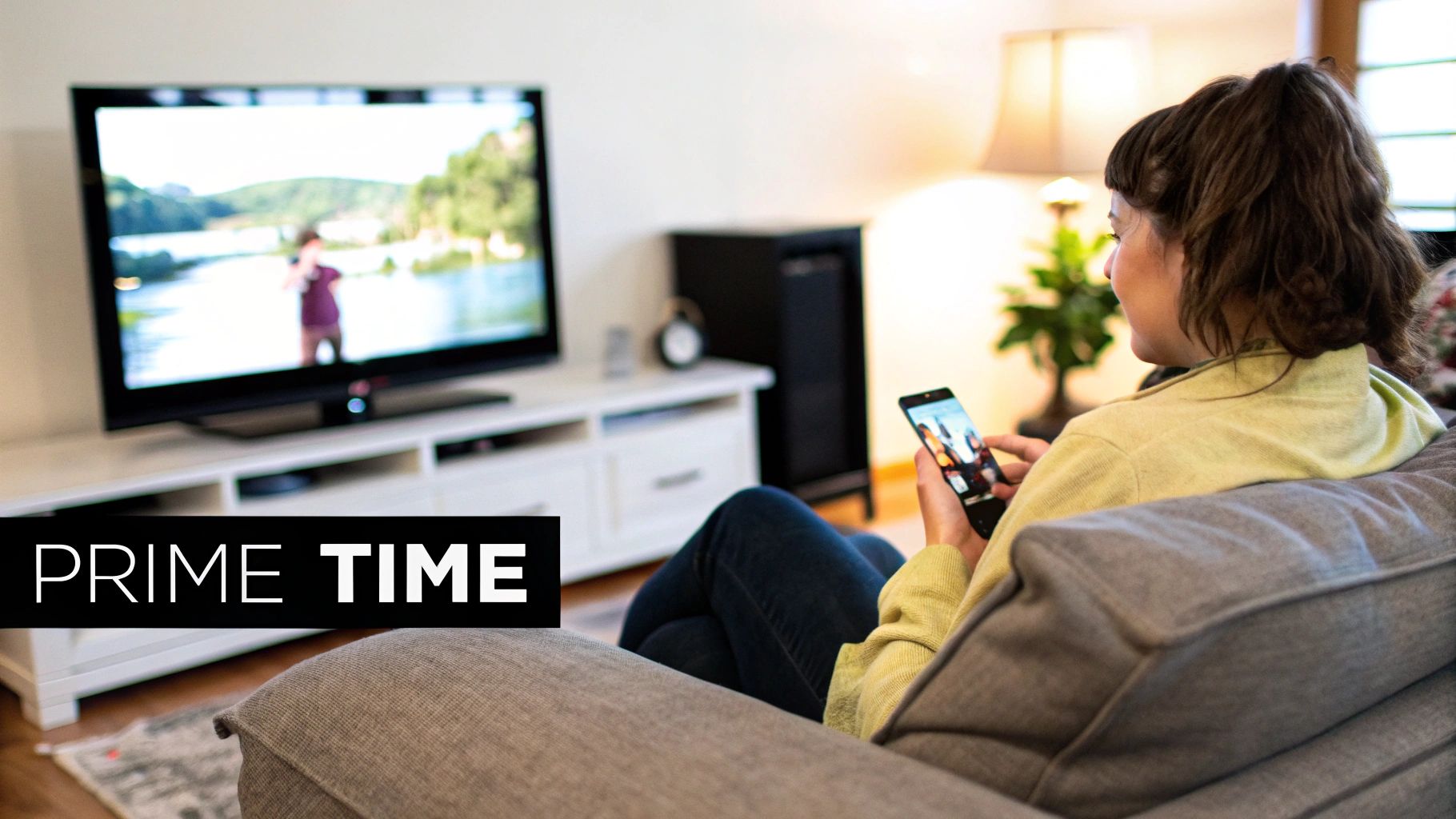 A woman sits on a couch, focused on her smartphone, with a television displaying content in the background, and a 'PRIME TIME' label.
