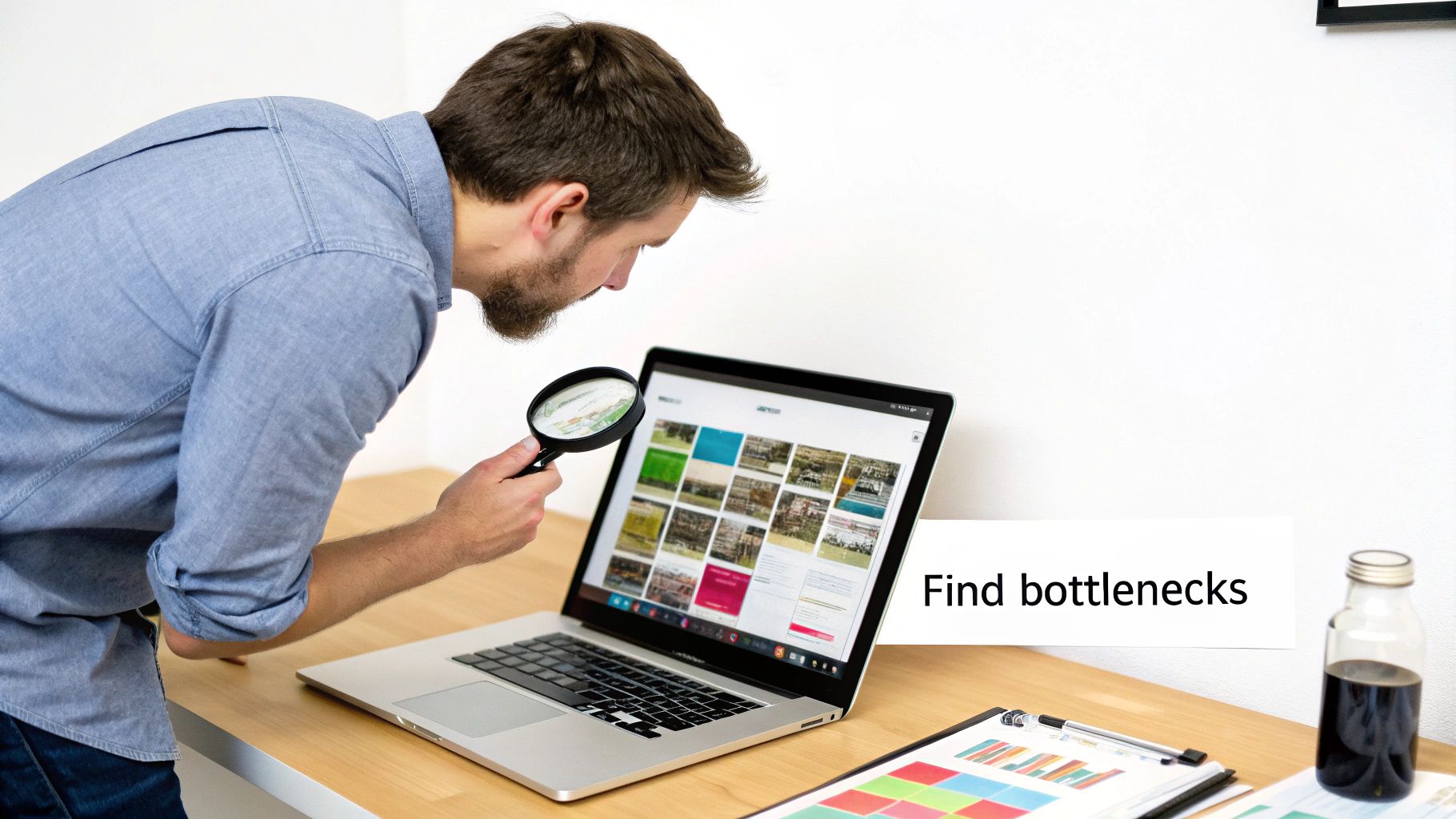 A man with a magnifying glass intently examines a laptop screen to find bottlenecks.