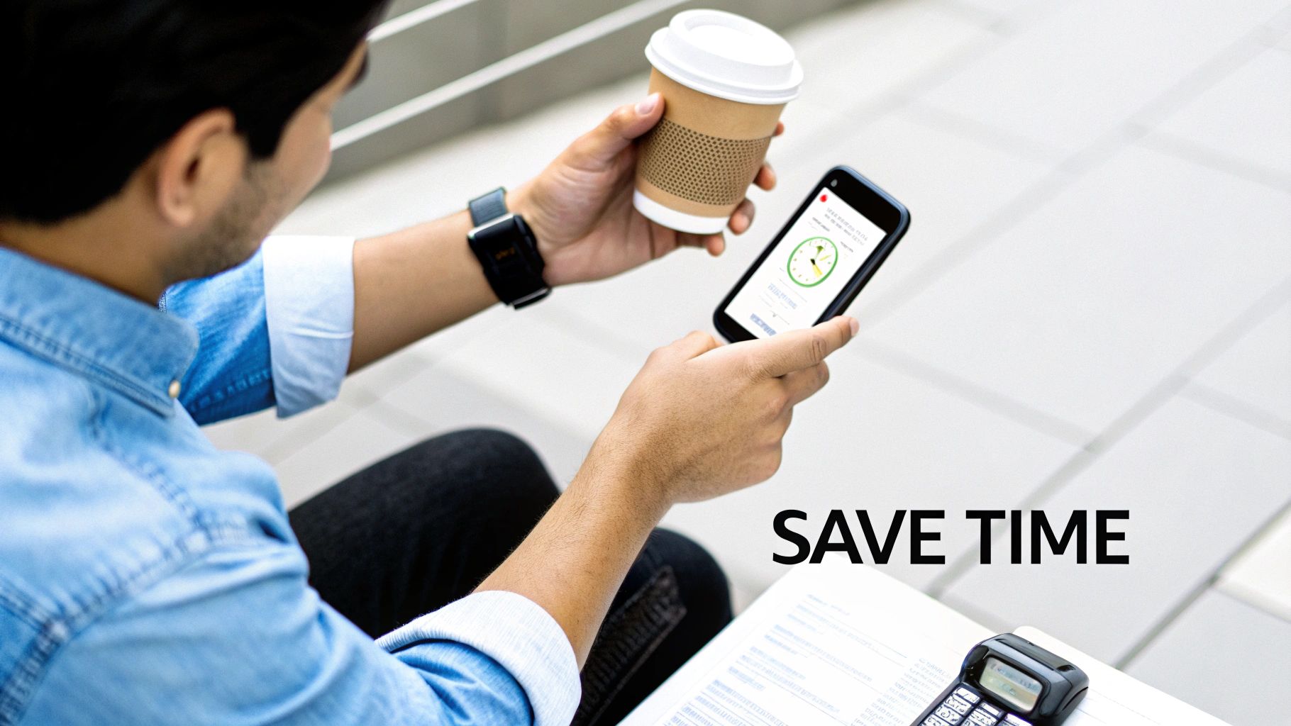 A person holding a coffee cup and using a smartphone with a time tracking app, with text 'SAVE TIME'.