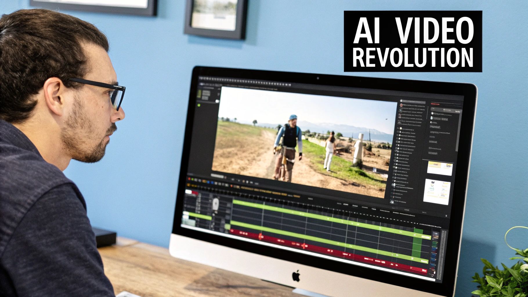 People collaborating around a computer screen with AI-generated graphics