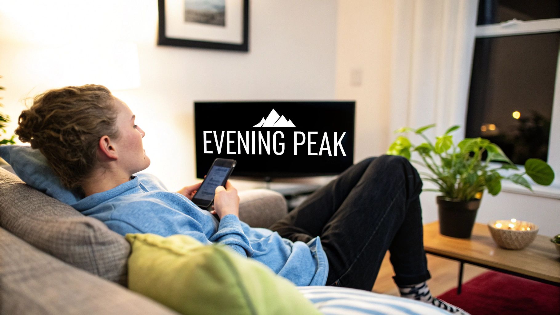 A woman unwinds on a couch at night, holding her phone and watching "EVENING PEAK" on TV.