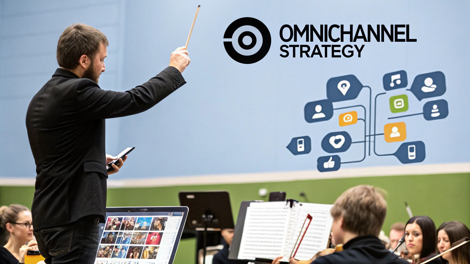 A visual representation of different marketing channels like social media, email, and physical stores all connecting to a central customer profile, illustrating the concept of an omnichannel marketing strategy.