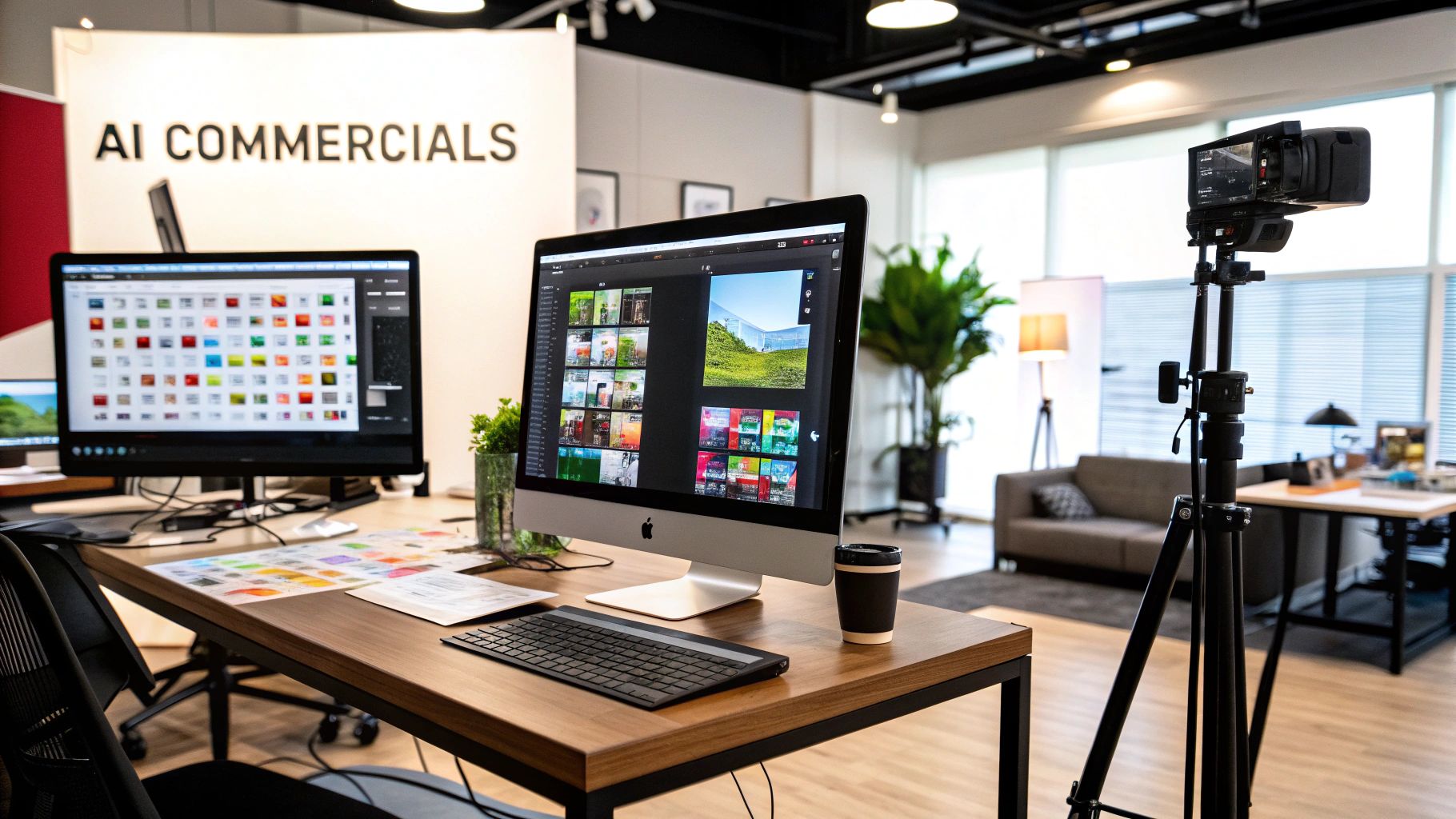 A futuristic depiction of an AI creating a commercial on a screen, with glowing data streams and creative visuals.