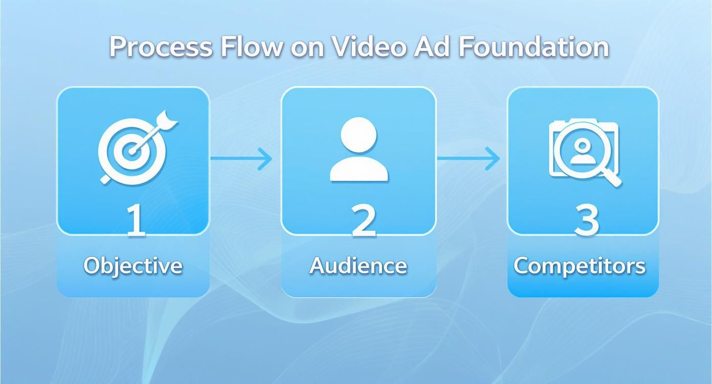 A process flow diagram showing three steps for video ad foundation: Objective, Audience, and Competitors.