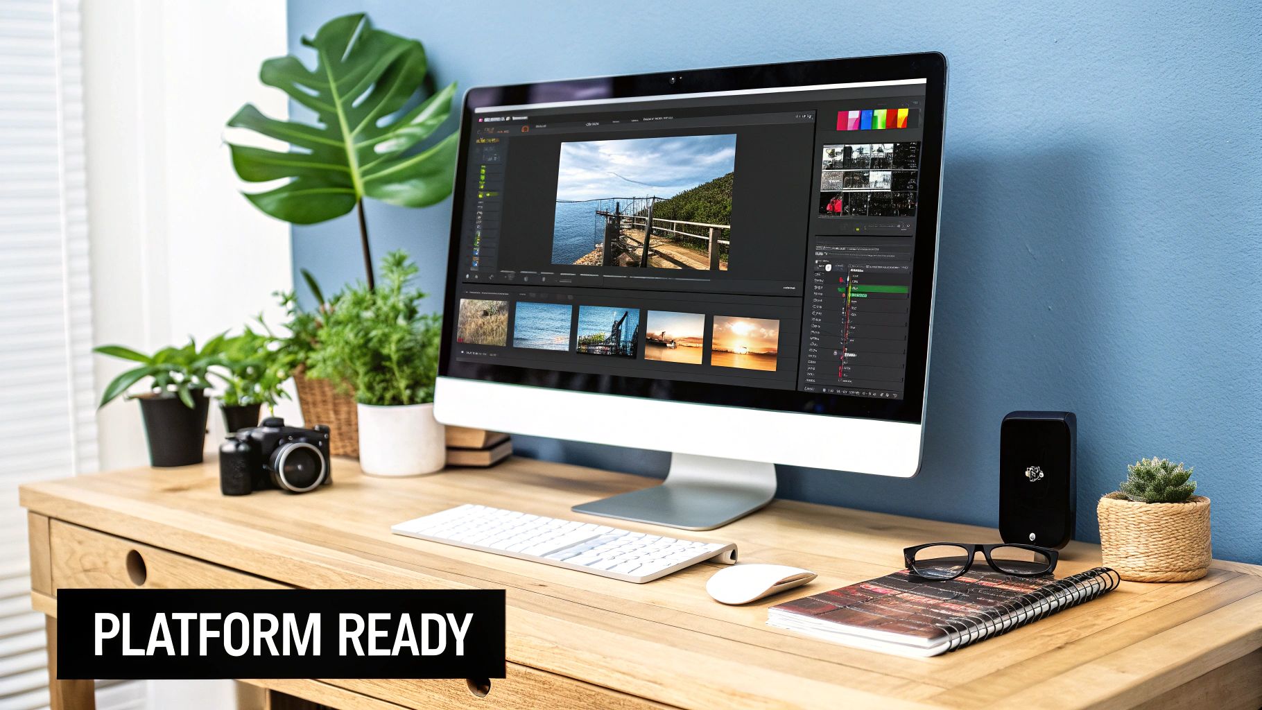 A modern workspace featuring a desktop computer displaying photo editing software, plants, camera, and office supplies.