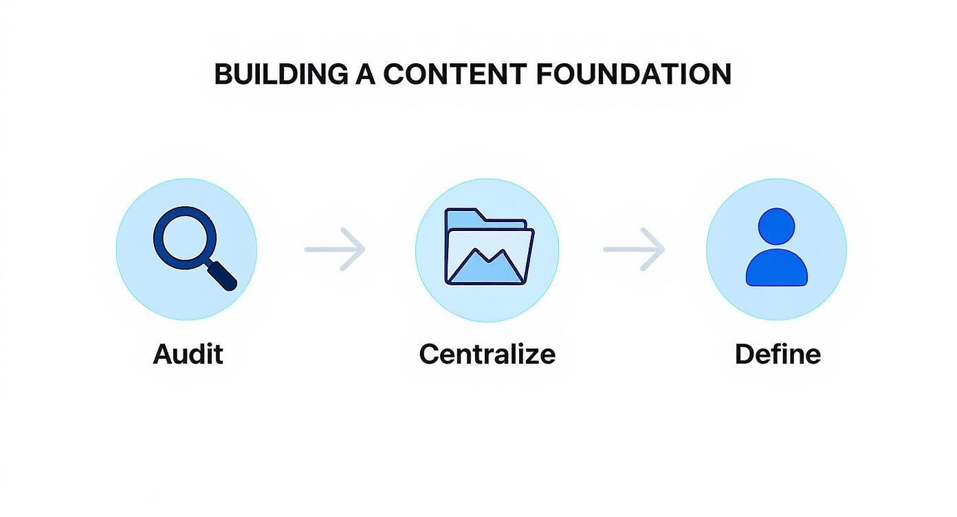 Infographic showing the process flow of building a content foundation with steps for Audit, Centralize, and Define