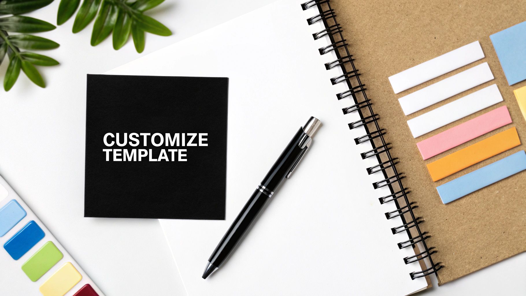 A flat lay of a black "CUSTOMIZE TEMPLATE" note, a pen, a spiral notebook, and colorful sticky notes.