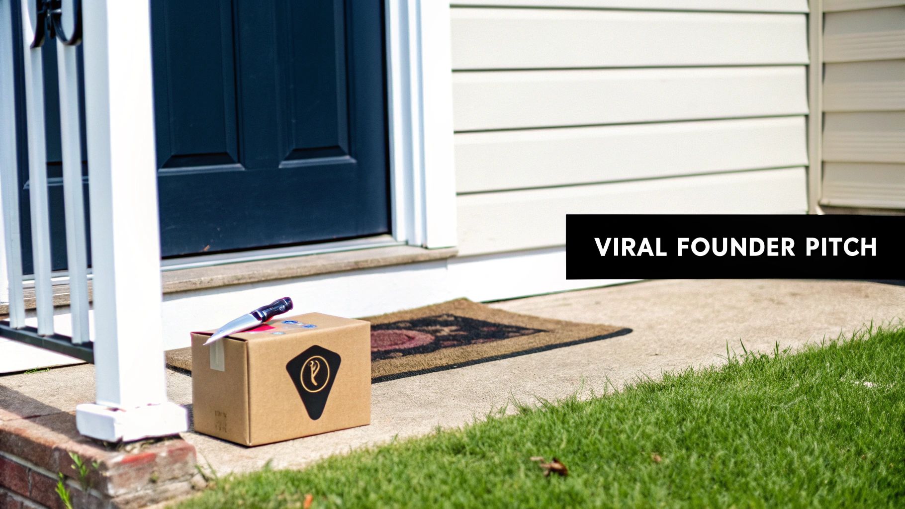 A brown cardboard package with a knife on top sits on a concrete doorstep in front of a house.