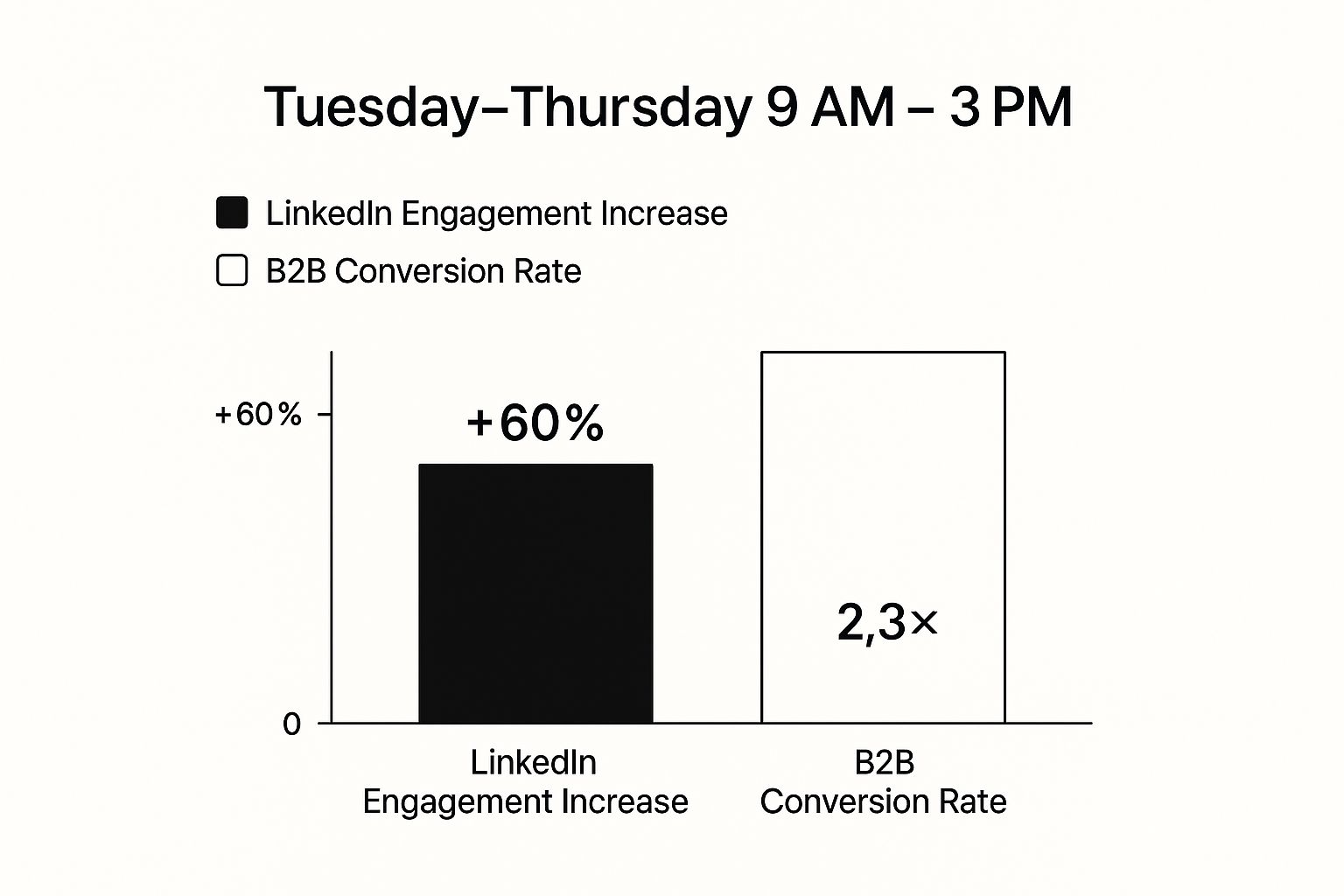 Infographic showing a bar chart comparing LinkedIn Engagement Increase (+60%) and B2B Conversion Rate (2.3x) during the Tuesday-Thursday prime hours.