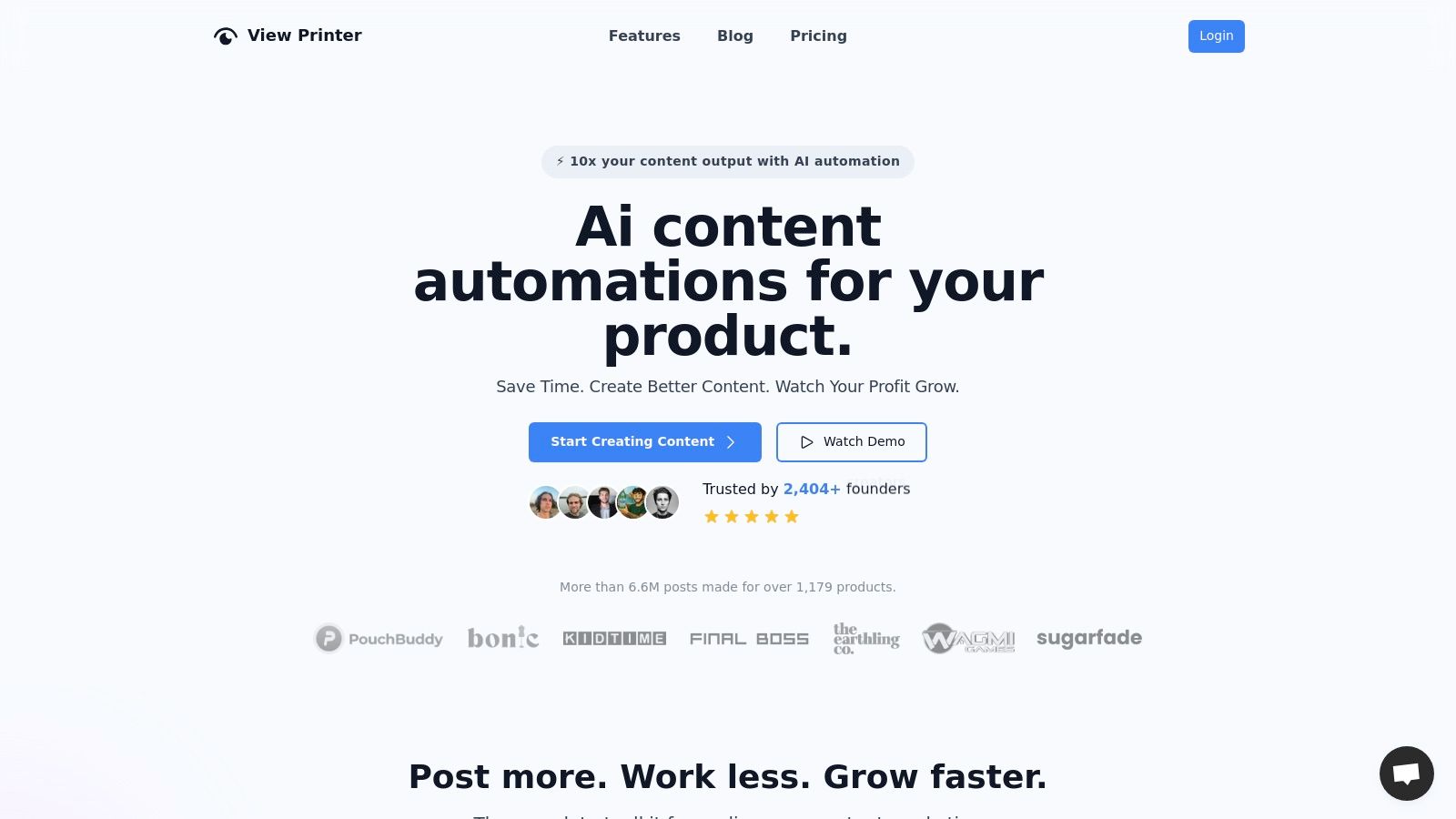 ViewPrinter's dashboard showing its AI automation and content generation features.