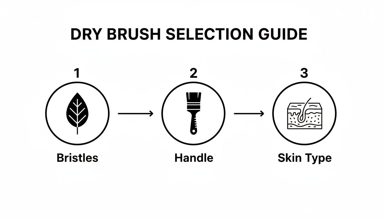 A visual guide illustrating three steps for dry brush selection: bristles, handle, and skin type.