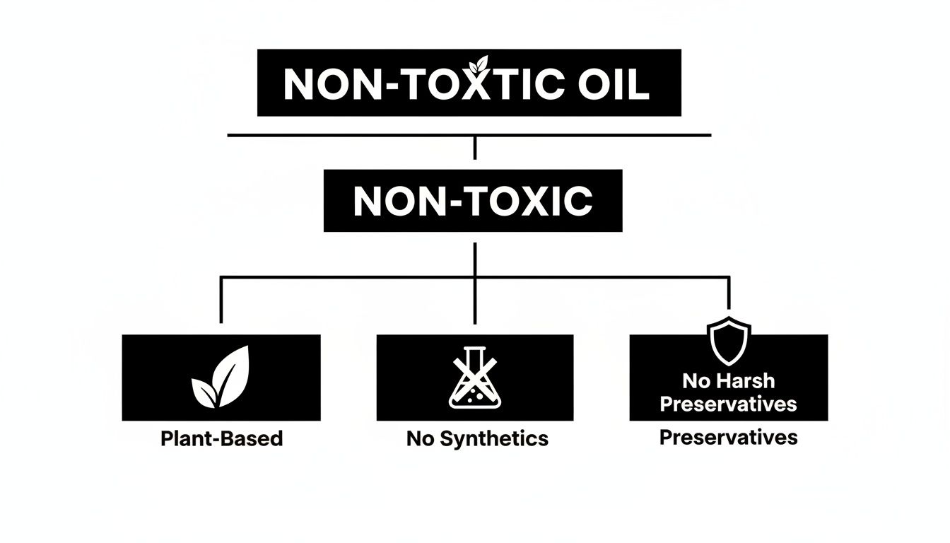 A diagram outlining the non-toxic qualities of oil: plant-based, no synthetics, and no harsh preservatives.
